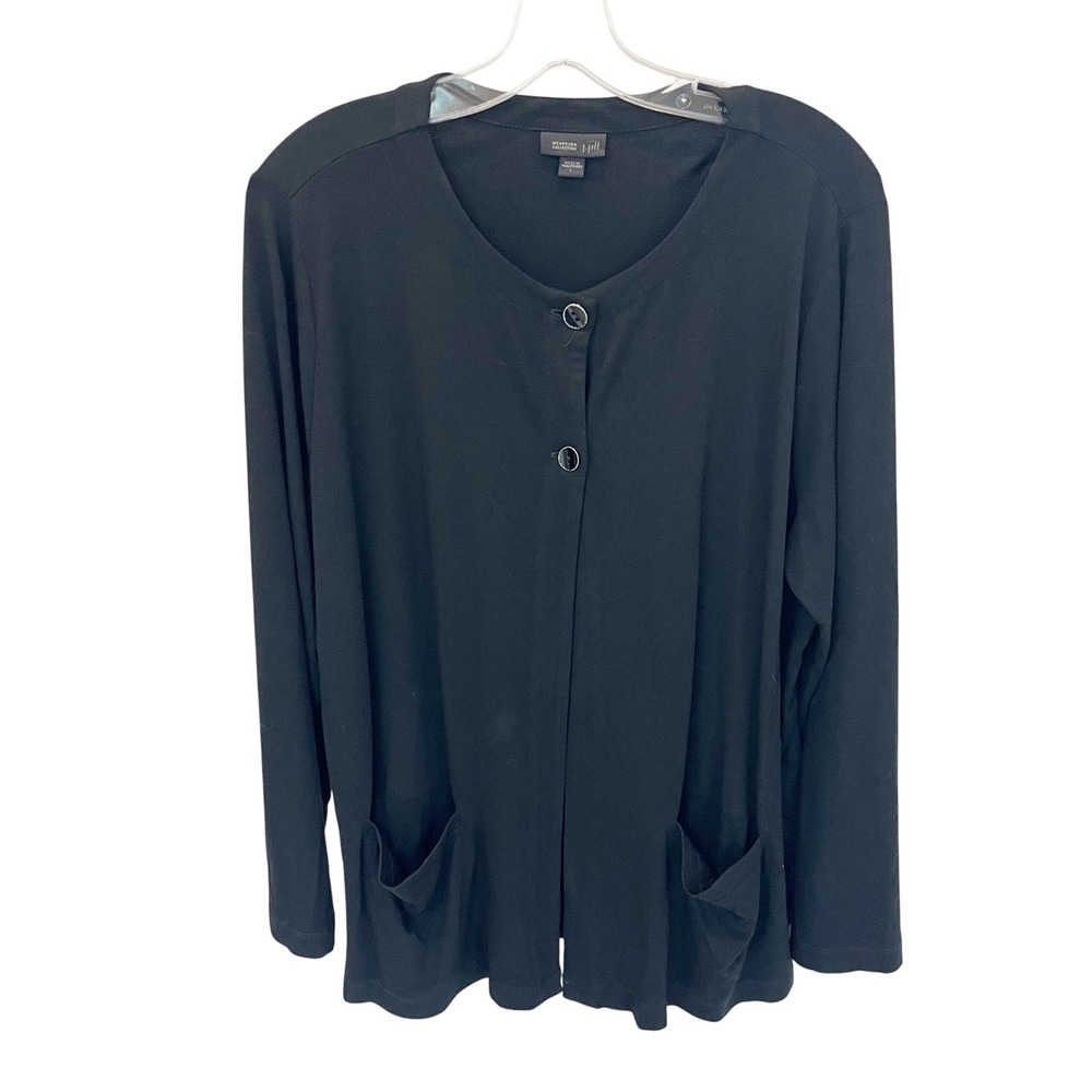 J. Jill Wearever Black Button Front Jersey Knit Cardigan Sweater Pockets - LARGE